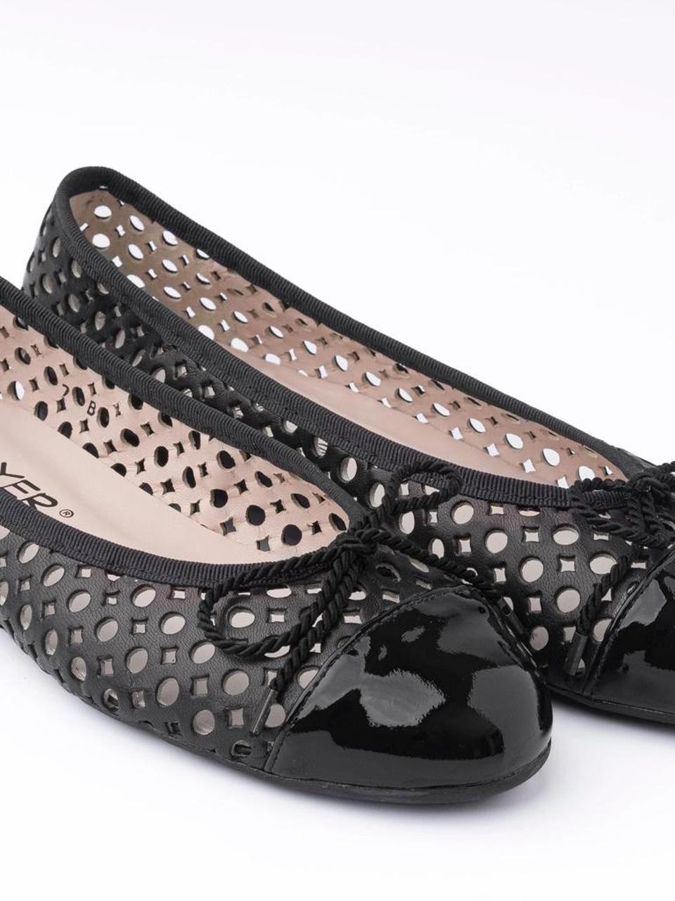 Paul Mayer Black Perforated Ballet Flats With Patent Cap Toe And Bow